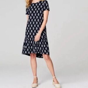 J.Jill Navy Paisley Print Short Sleeve Knit Shift Dress Ruffle Hem XL